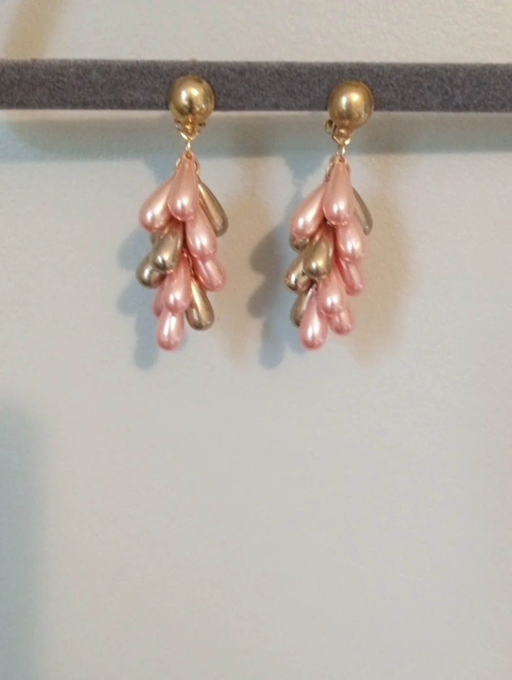 Vintage Clip on Pink Gold Teardrop Faux Pearl Costume Jewelry Earrings